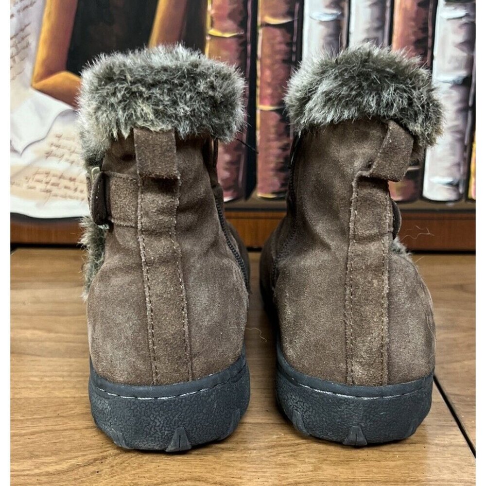 Brown Faux Suede Fur-Lined Ankle Boots Buckle Detail & Side Zipper Size 9 - Picture 4 of 7